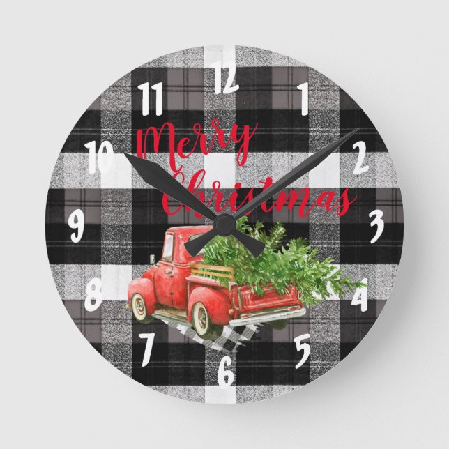 Weihnachtsmauer Red XMAS Kariert Runde Wanduhr (Vorderseite)