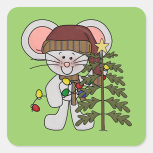 Weihnachtsmaus, die Baum verziert Quadratischer Aufkleber