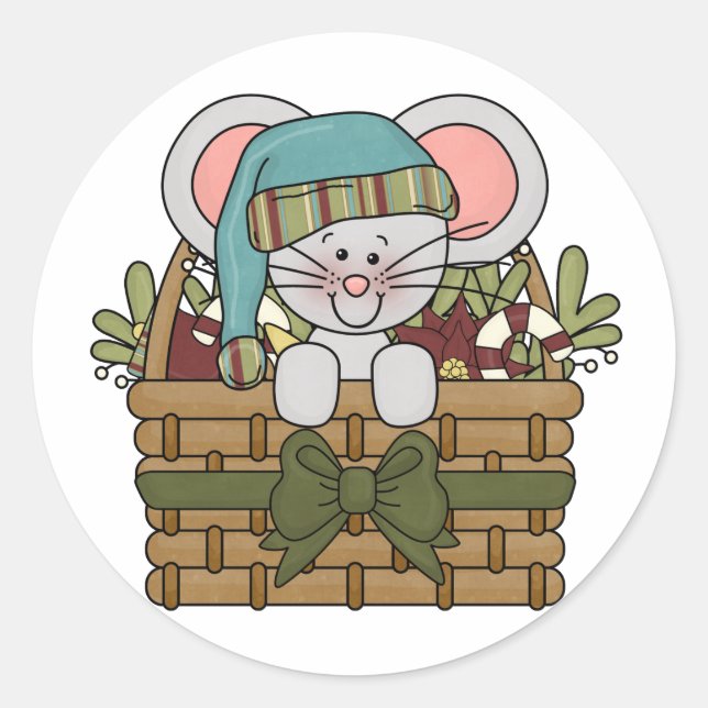 Weihnachtsmaus im Korb Runder Aufkleber (Vorderseite)