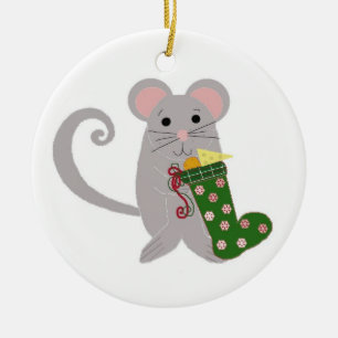 Weihnachtsmaus mit grüner Strumpf Keramik Ornament