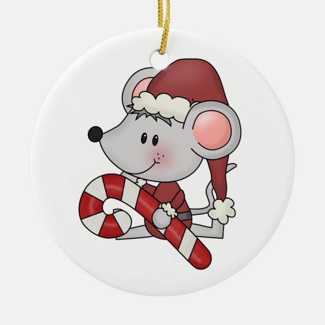 Weihnachtsmaus mit Zuckerstange Keramikornament (Vorne)