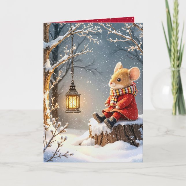 Weihnachtsmaus und Waldlattern in Schneeflocken Karte (Vorderseite)