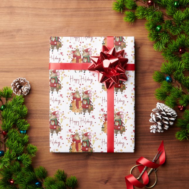 Weihnachtsmäuse auf Weiß Geschenkpapier (Feiertagsgeschenk)