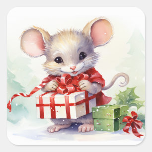 Weihnachtsmäuse auf Weiß Quadratischer Aufkleber