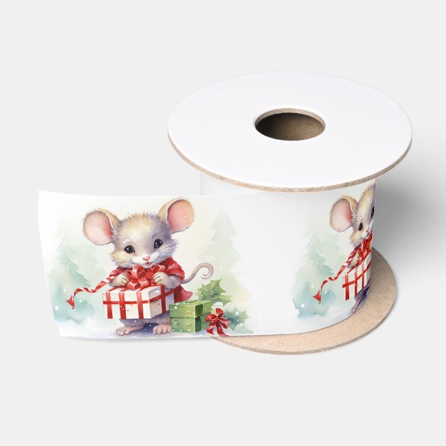 Weihnachtsmäuse auf Weiß Satinband (Spule)