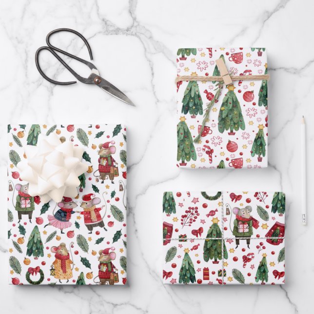 Weihnachtsmäuse Geschenkpapier Set (Vorderseite)