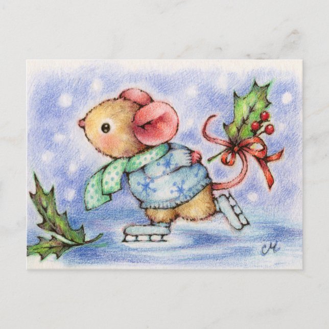 Weihnachtsmäuse Ice Skaten Süße Tier Postkarte (Vorderseite)
