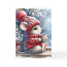 Weihnachtsmäuse im Fenster mit heißem Kakao