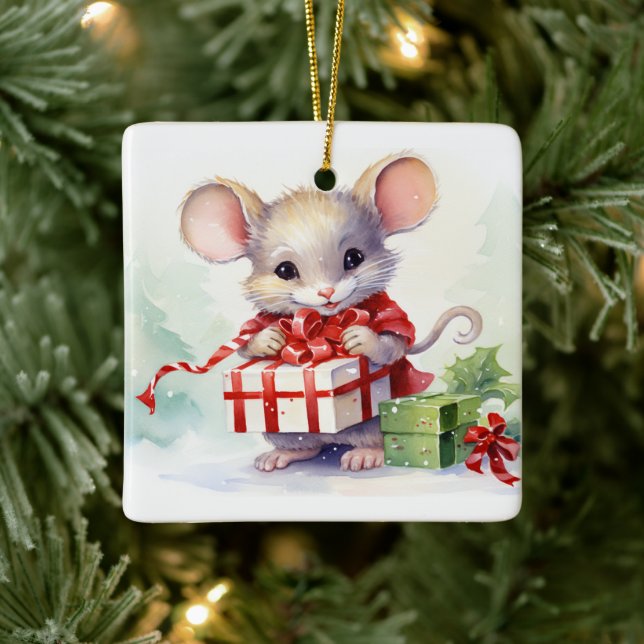 Weihnachtsmäuse mit Geschenk Keramikornament (Baum)