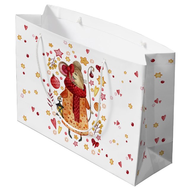 Weihnachtsmäuse mit Lattern Große Geschenktüte (Rückseite Schrägansicht)