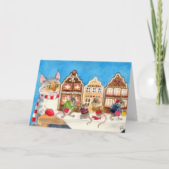 Weihnachtsmäuse und -katze feiertagskarte (Vorderseite)