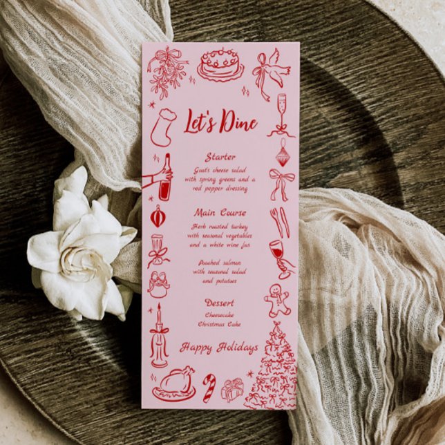 Weihnachtsmenü mit rosa Doodle-Motiven - Lustiges  Menükarte (Quirky Christmas Menu)