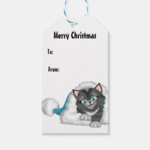 WeihnachtsMiezekatze mit blauem Hut Geschenkanhänger