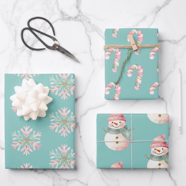 Weihnachtsminze Rosa Schneeflocken Candy Canes Sno Geschenkpapier Set (Vorderseite)