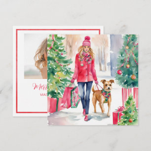 Weihnachtsmode für Wasserfarben Shopping Girl Foto Feiertagskarte