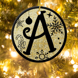 Weihnachtsmonogramm Buchstabe A Schwarz Gold Glitt Keramik Ornament