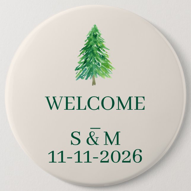 Weihnachtsmonogramm Eleganter Waldbaum Willkommen Button (Vorderseite)