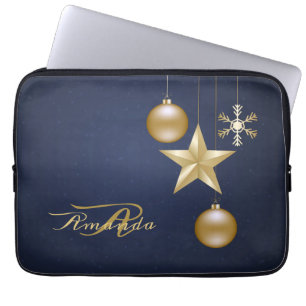 Weihnachtsmonogramm goldene Ornamente Navy Blau Laptopschutzhülle