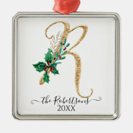 Weihnachtsmonogramm R Gold Glitzer Holly Foliage Ornament Aus Metall