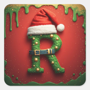 Weihnachtsmonogramm R mit Santa-Hut – Geschenk für Quadratischer Aufkleber