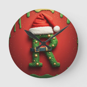 Weihnachtsmonogramm R mit Santa-Hut – Weihnachtsge Runde Wanduhr