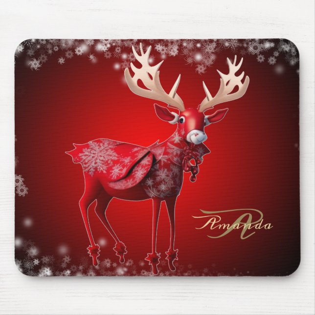 Weihnachtsmonogramm Roter Rentier Winterfeiertage Mousepad (Vorne)