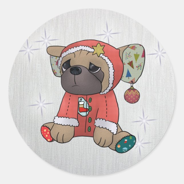 Weihnachtsmops Runder Aufkleber (Vorderseite)