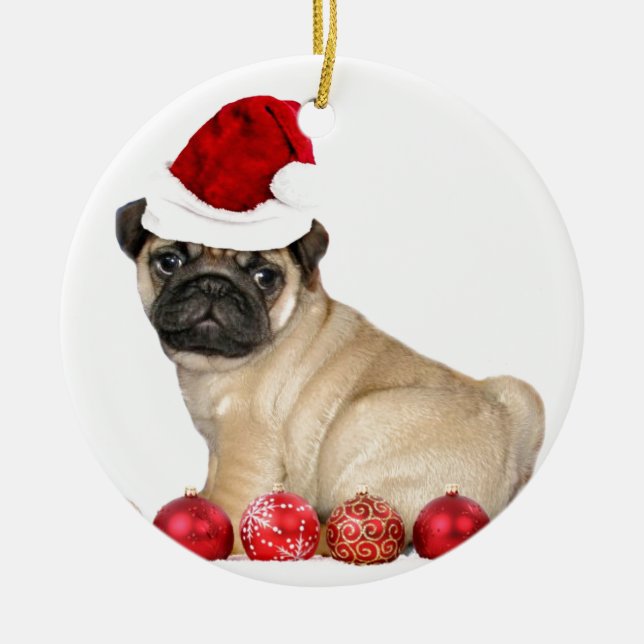 WeihnachtsMopshund Keramik Ornament (Vorne)