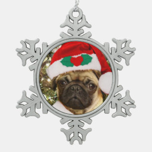WeihnachtsMopshund Schneeflocken Zinn-Ornament