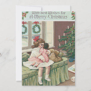 Weihnachtsmorgen Baum Geschenk Mädchen Puppe Einladung