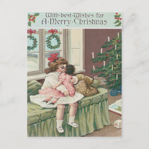Weihnachtsmorgen Baum Geschenk Mädchen Puppe Feiertagspostkarte