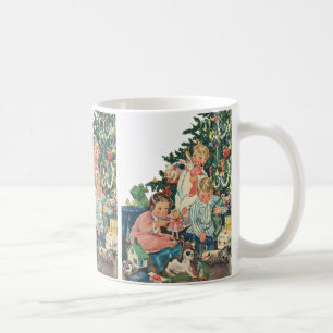 Weihnachtsmorgen der Vergangenheit, Kinder öffnen  Kaffeetasse