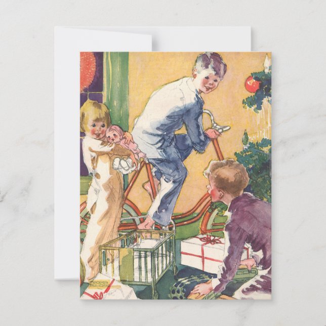 Weihnachtsmorgen, Kinder mit Geschenken Feiertagskarte (Vorderseite)