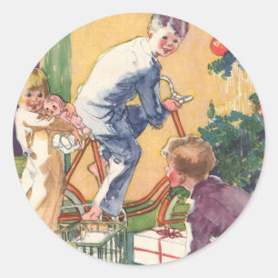 Weihnachtsmorgen, Kinder mit Geschenken Runder Aufkleber