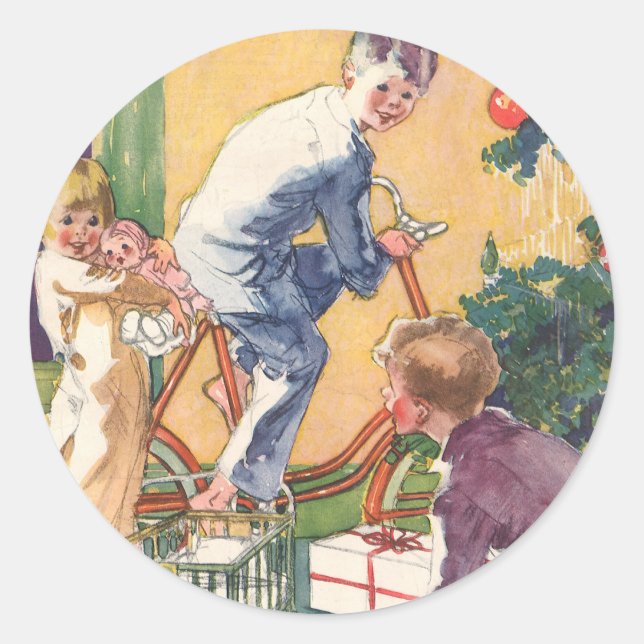 Weihnachtsmorgen, Kinder mit Geschenken Runder Aufkleber (Vorderseite)