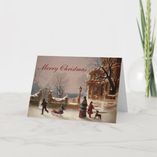Weihnachtsmorgen-Schnee-Vintage Karte (Vorderseite)
