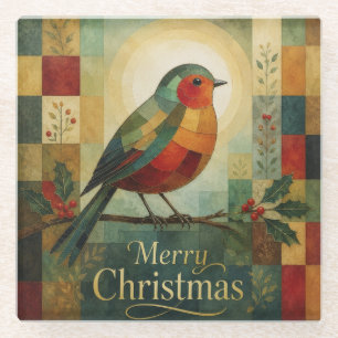 Weihnachtsmosaik Rotkehlchen Vogel Stechpalmenbeer Glasuntersetzer