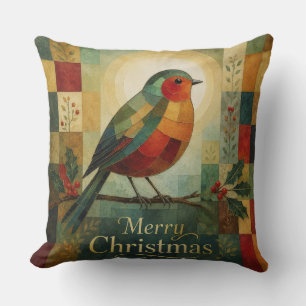 Weihnachtsmosaik Rotkehlchen Vogel Stechpalmenbeer Kissen