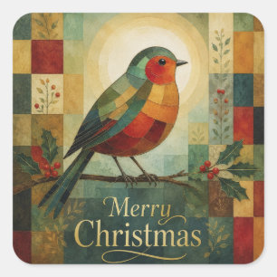 Weihnachtsmosaik Rotkehlchen Vogel Stechpalmenbeer Quadratischer Aufkleber