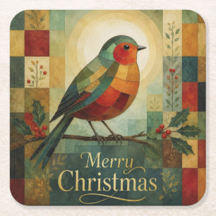 Weihnachtsmosaik Rotkehlchen Vogel Stechpalmenbeer Rechteckiger Pappuntersetzer