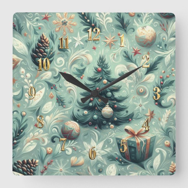Weihnachtsmotif Weihnachtsfest Whimsy Green Quadratische Wanduhr (Vorderseite)