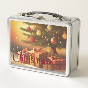 Weihnachtsmotiv mit Geschenken unter dem Weihnacht Metall Brotdose