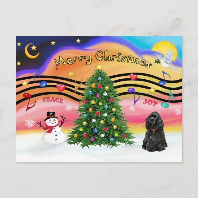 Weihnachtsmusik 2 - Cocker Spaniel (schwarz) Feiertagspostkarte (Vorderseite)