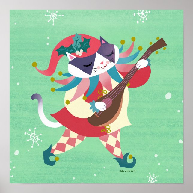 Weihnachtsmusik Elf Cat Art Print Poster (Vorne)