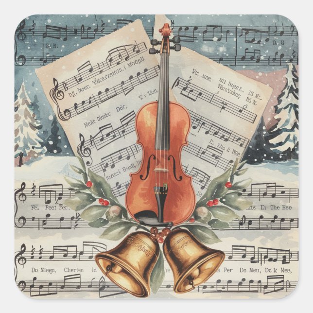 Weihnachtsmusik mit Violine Quadratischer Aufkleber (Vorderseite)
