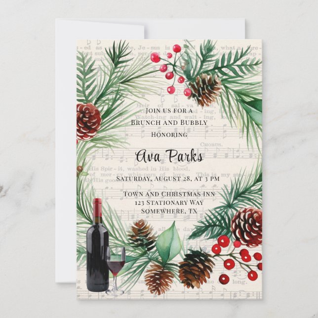 Weihnachtsmusik Red Berry Wreath Brunch und Bubbly Einladung (Vorderseite)