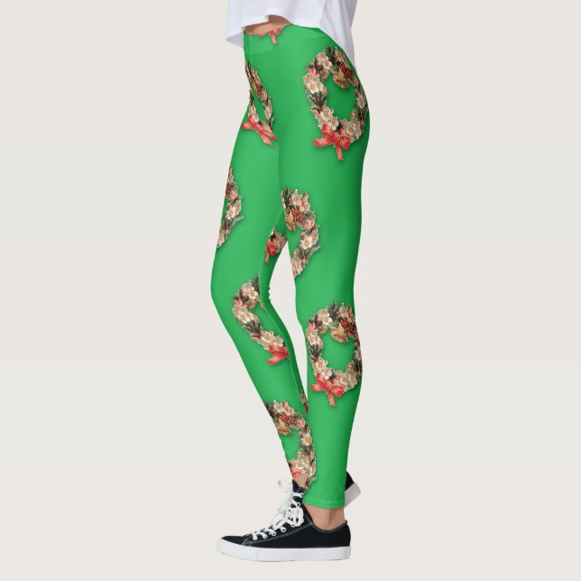 Weihnachtsmuster, Blumenreste auf Grün Leggings (Links)
