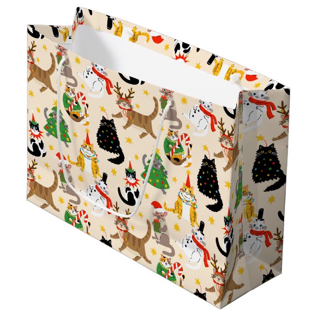 Weihnachtsmuster der Katzen Große Geschenktüte (Vorderseite Schrägansicht)
