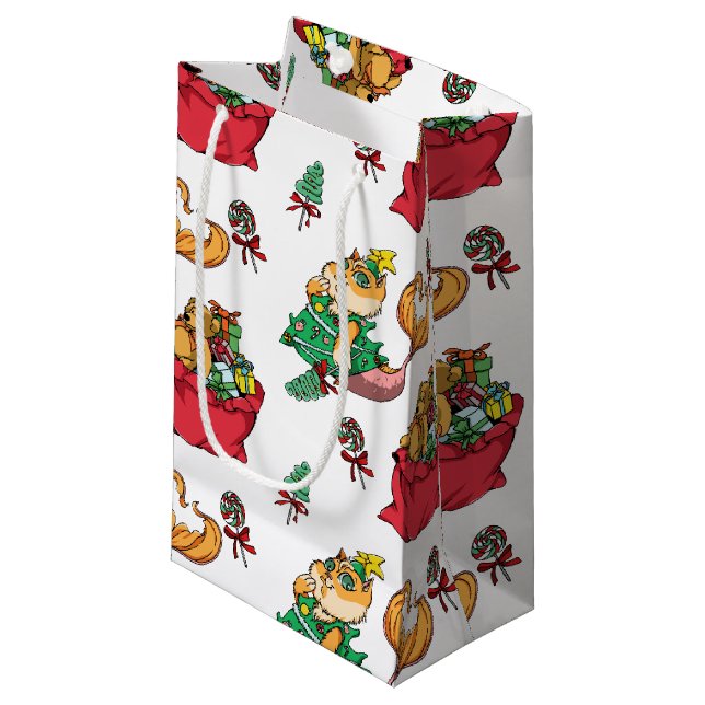 Weihnachtsmuster Funny Mermaid Cat Kleine Geschenktüte (Vorderseite Schrägansicht)