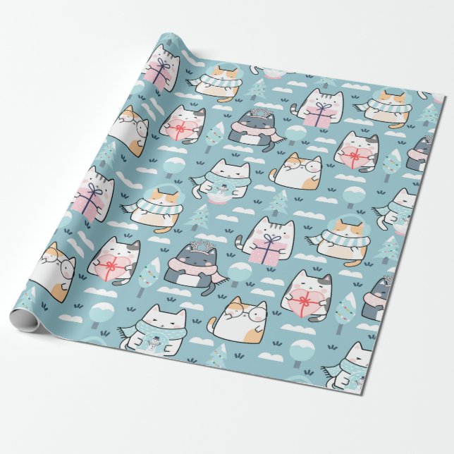 Weihnachtsmuster für lustige Katzen, magische Schn Geschenkpapier (Ungerollt)